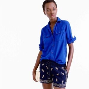J crew 100% cotton lined navy shorts gold metallic embroidery pineapples medium
